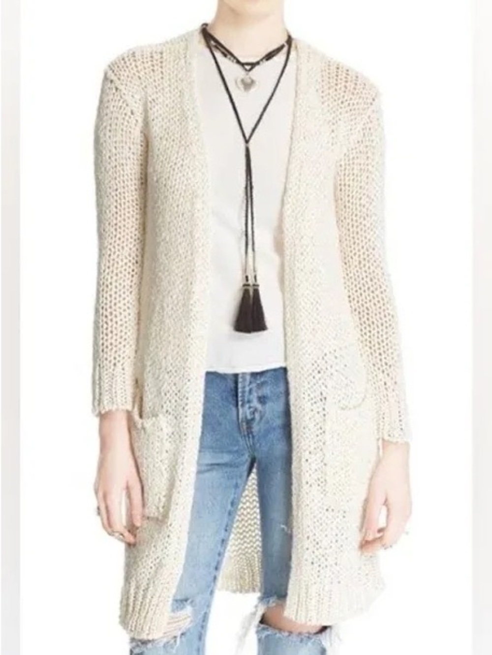 Free People Simply Sienna White Long Knit Cardigan with Pockets XS